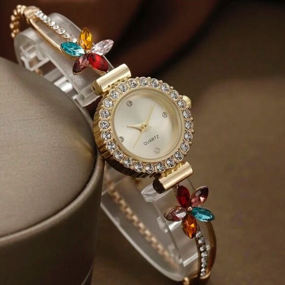 SALE 18k Gold Filled Chain Iridescent Inlay Flower Wrist Watch - Picture 2 of 5